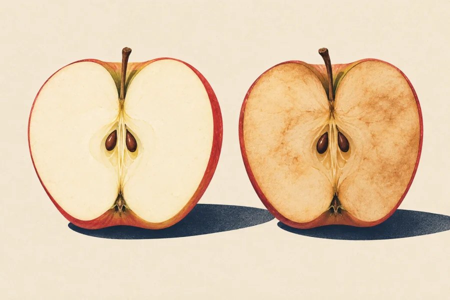 Two illustrated apple halves side by side, one freshly pale and the other lightly browned after exposure to air.