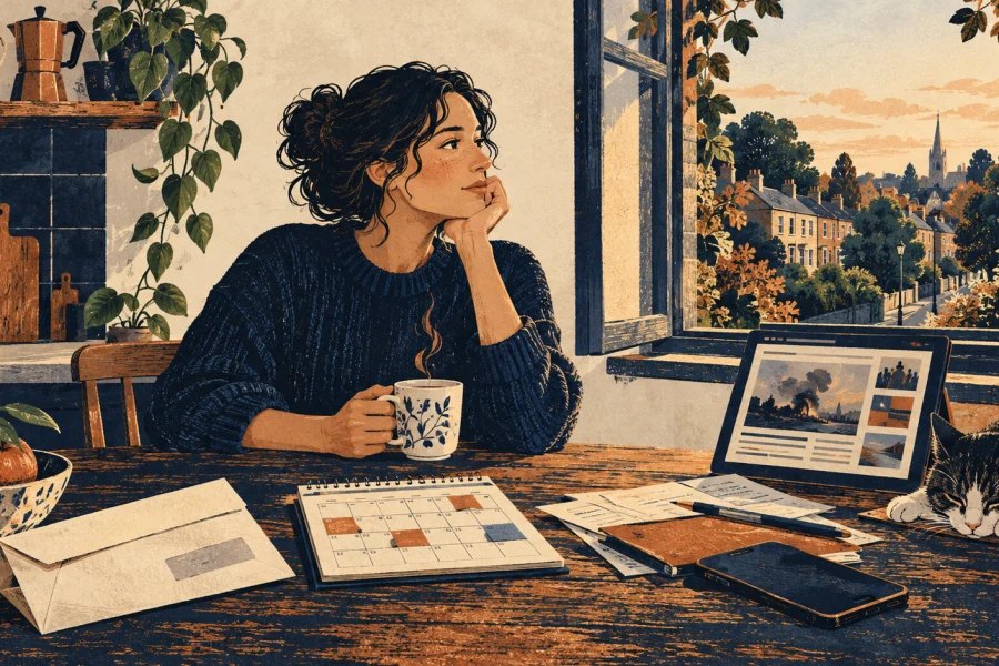 A person reflecting at a kitchen table with everyday pressures and a calm neighbourhood outside