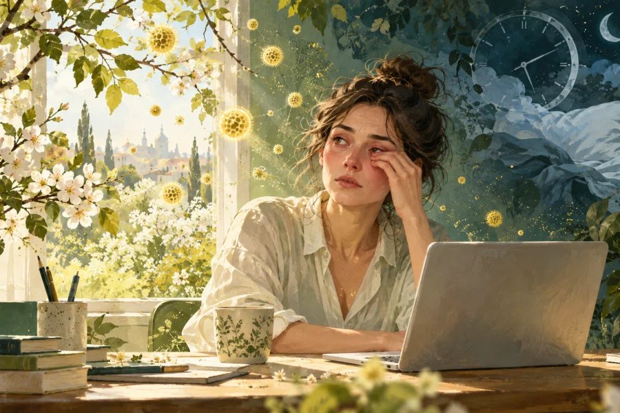 A tired person at a desk with pollen drifting in from blossom and a sleepless night suggested behind