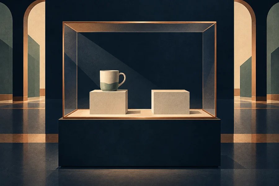 A museum case holds an ordinary mug beside an empty display plinth