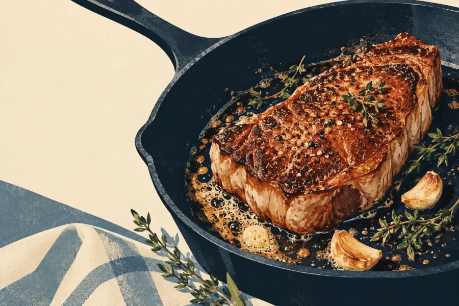 A browned piece of meat develops a crust in a hot pan