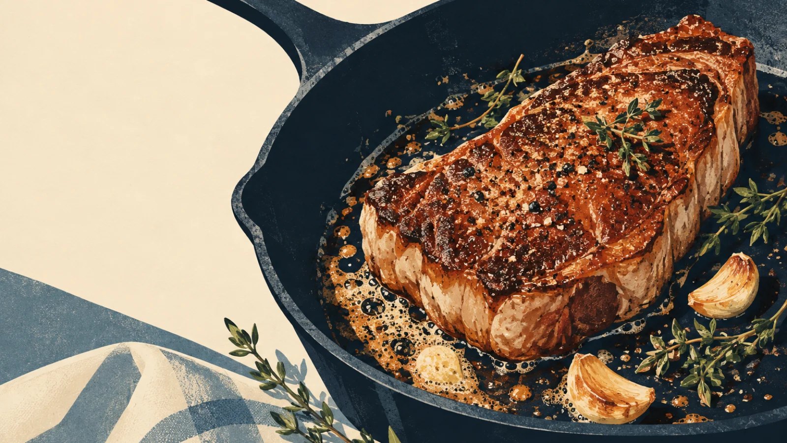 A browned piece of meat develops a crust in a hot pan