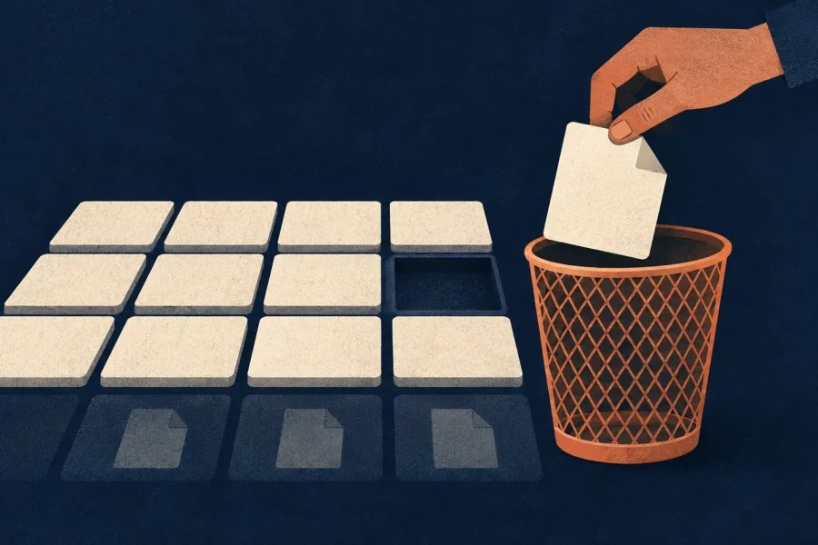 A file removed from a grid of storage tiles and placed in a wastebasket, while faint file shapes remain below