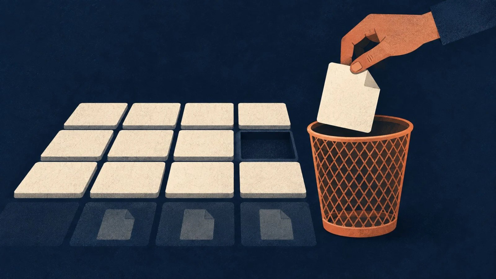 A file removed from a grid of storage tiles and placed in a wastebasket, while faint file shapes remain below