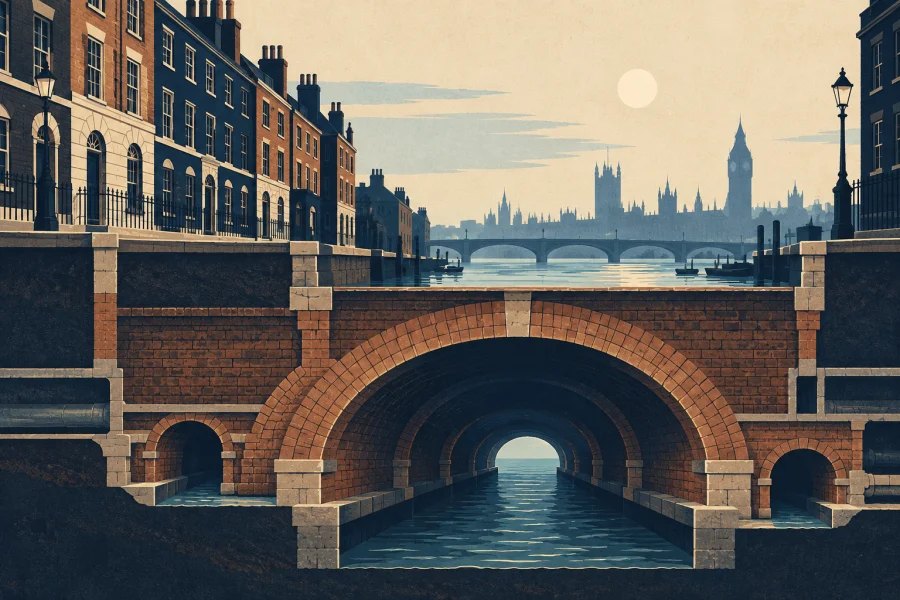 Cross-section of a brick Victorian sewer beneath a London street and the Thames