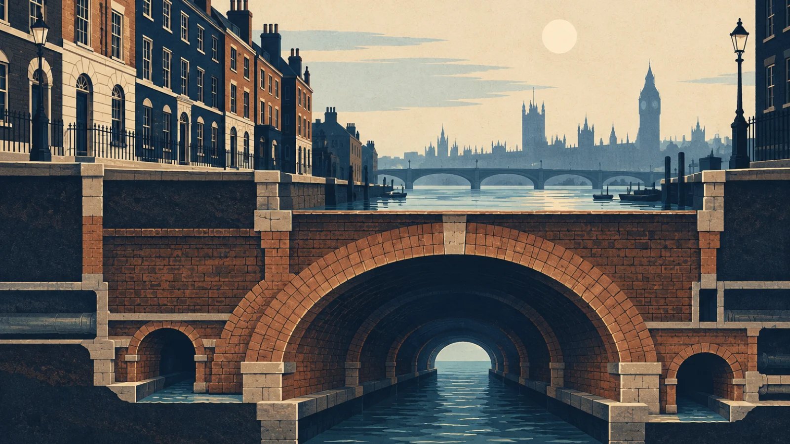 Cross-section of a brick Victorian sewer beneath a London street and the Thames
