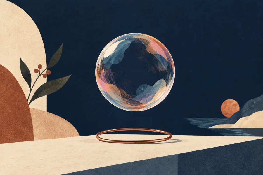 a translucent soap bubble floating above a copper wire ring, crisp spherical silhouette