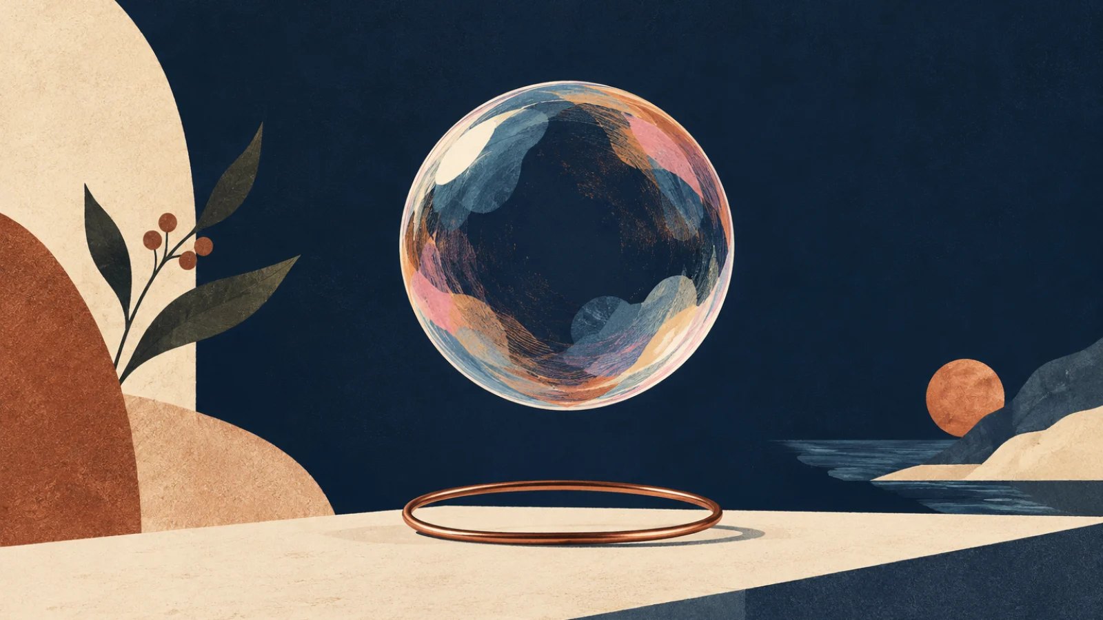 a translucent soap bubble floating above a copper wire ring, crisp spherical silhouette