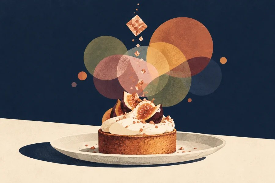 Illustration of salt crystals falling onto a sweet dessert