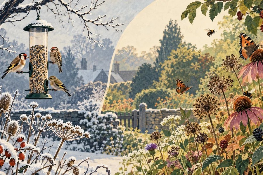 Garden birds at a clean winter feeder beside a flourishing summer habitat