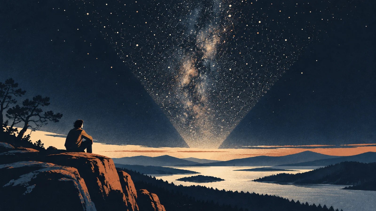 Star-filled night sky fading into darkness above a distant horizon