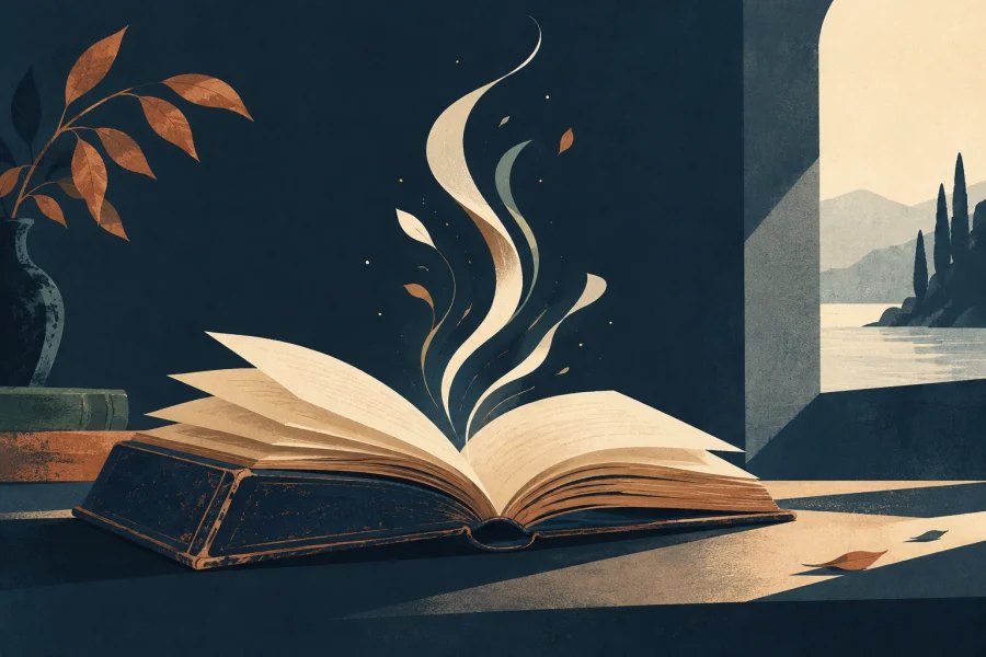 An old open book with subtle curling wisps rising from its pages