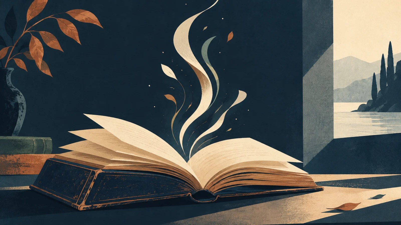 An old open book with subtle curling wisps rising from its pages