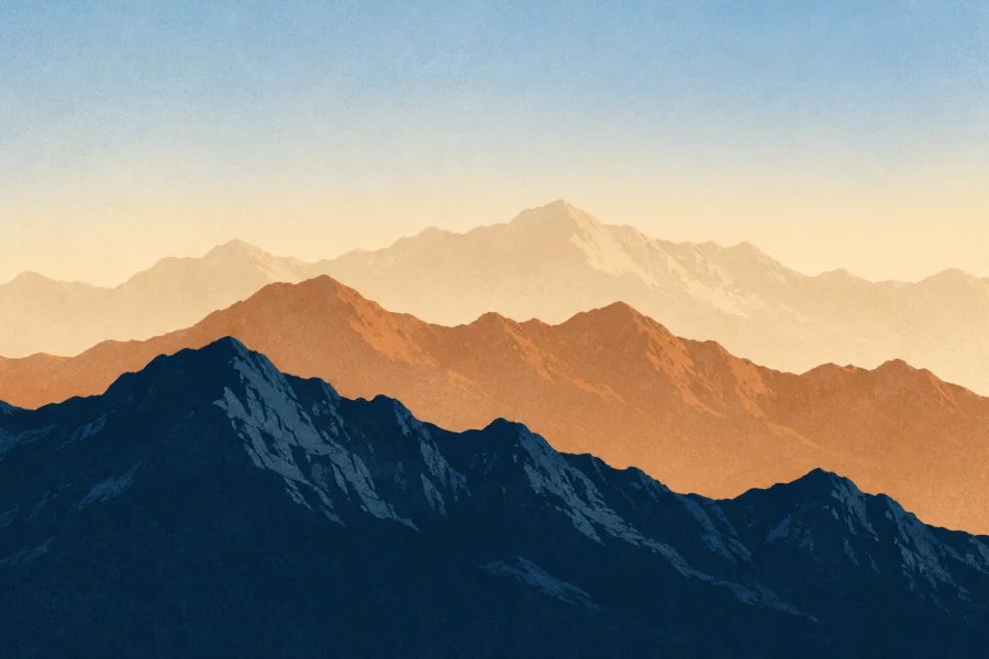 Layered mountain ridges fading from crisp navy foreground to a pale distant horizon