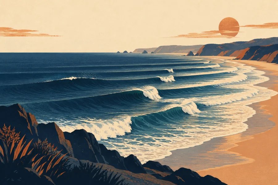 angled ocean swells turning into neat parallel shorebreak lines
