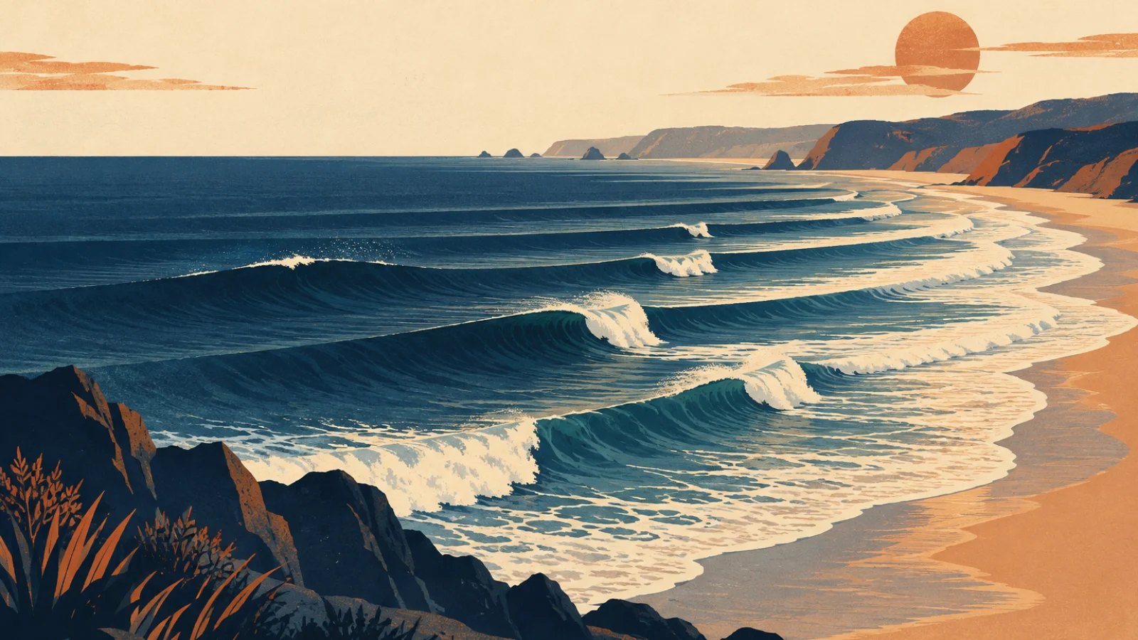 angled ocean swells turning into neat parallel shorebreak lines