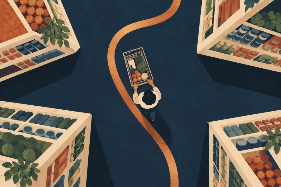 A shopper follows a winding route between supermarket shelves