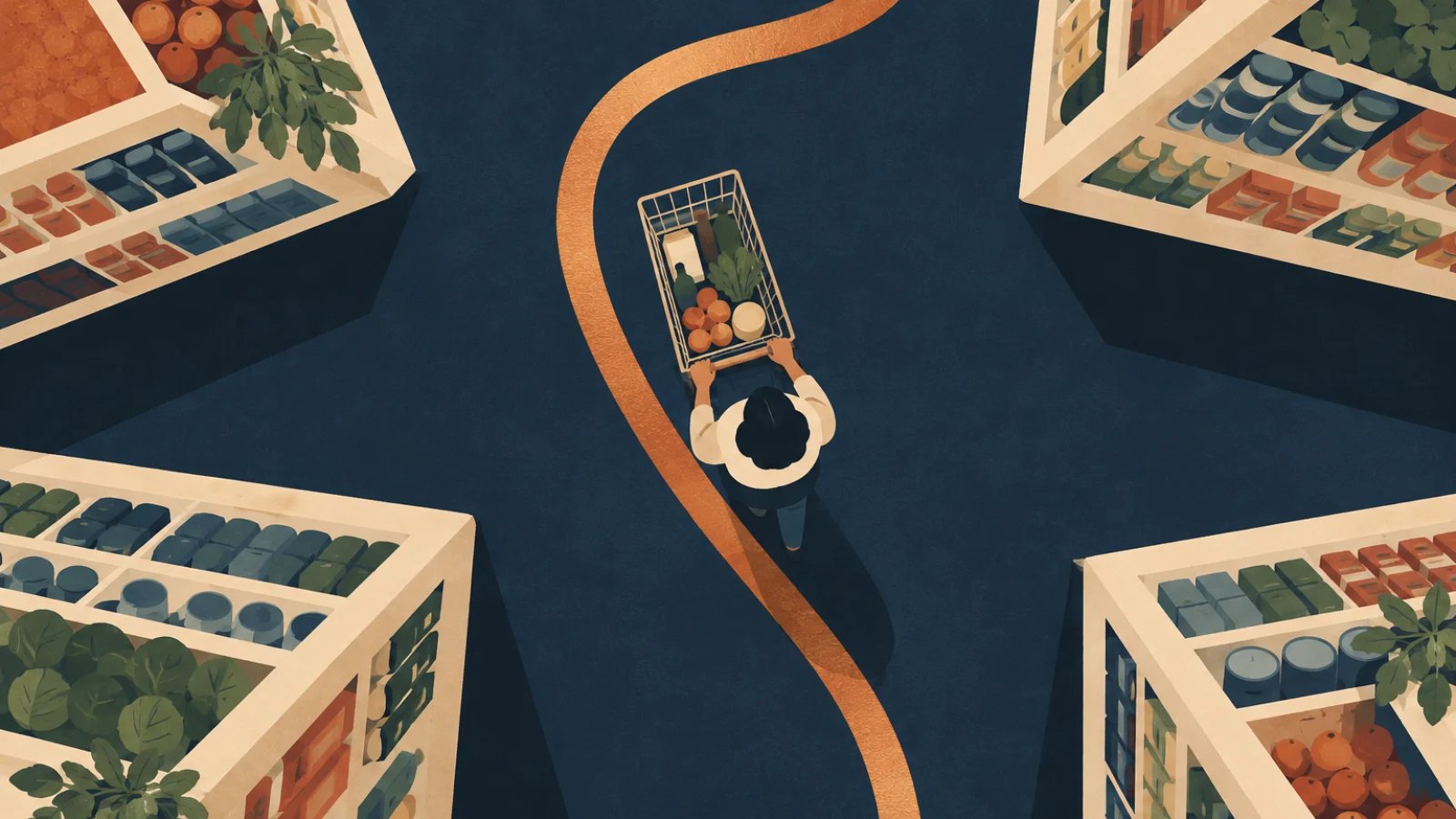 A shopper follows a winding route between supermarket shelves