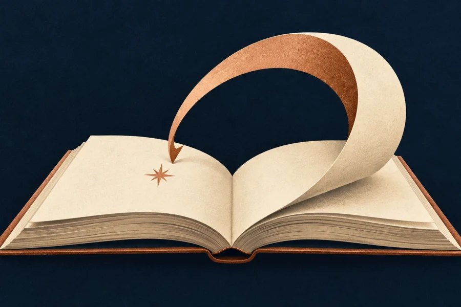 An open book with a page curling in a loop back to an earlier point in the story