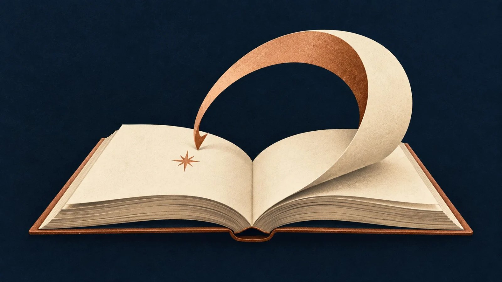 An open book with a page curling in a loop back to an earlier point in the story
