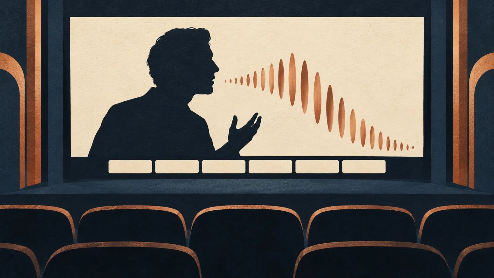 Cinema screen with a speaking silhouette, sound wave and blank subtitle shapes