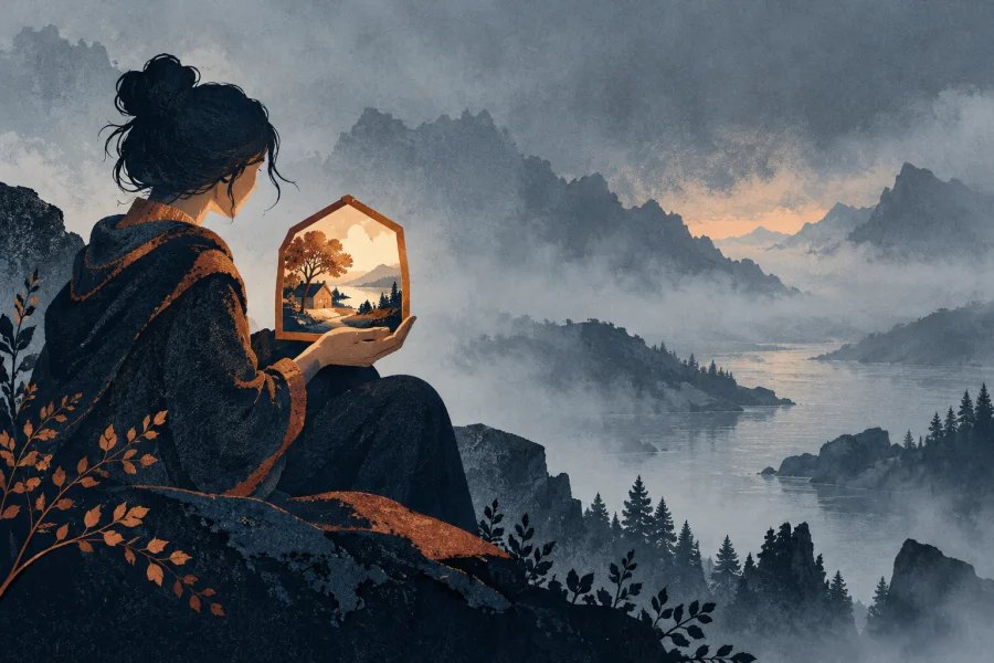 Illustration of a person holding a glowing memory in a misty landscape