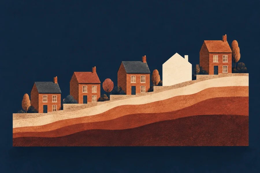 Illustrated row of houses on layered land, with an empty house-shaped space beside them