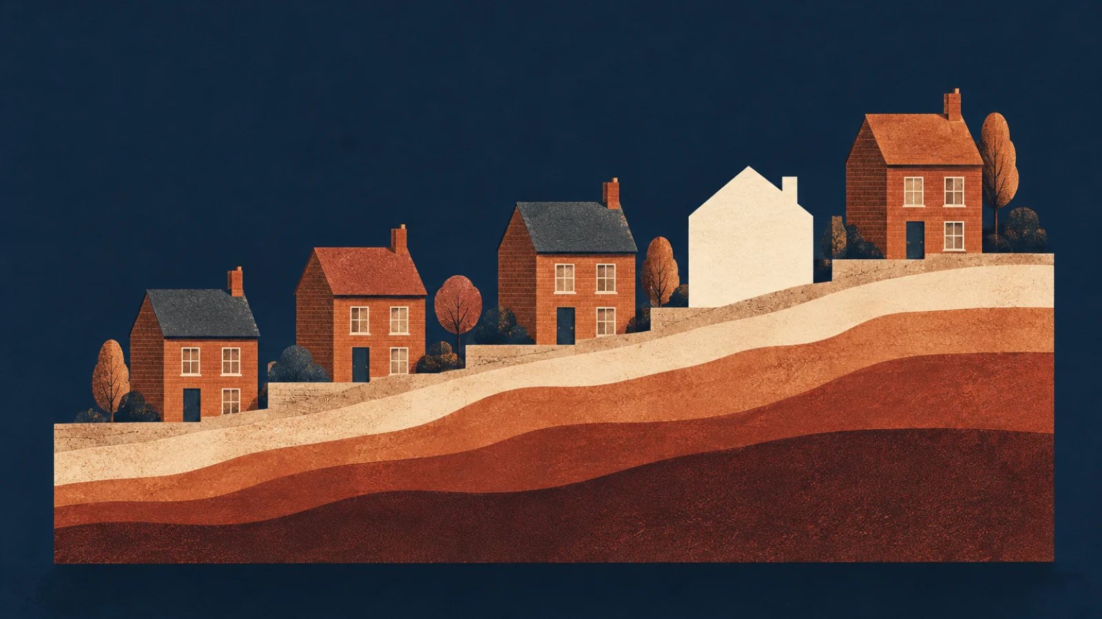 Illustrated row of houses on layered land, with an empty house-shaped space beside them