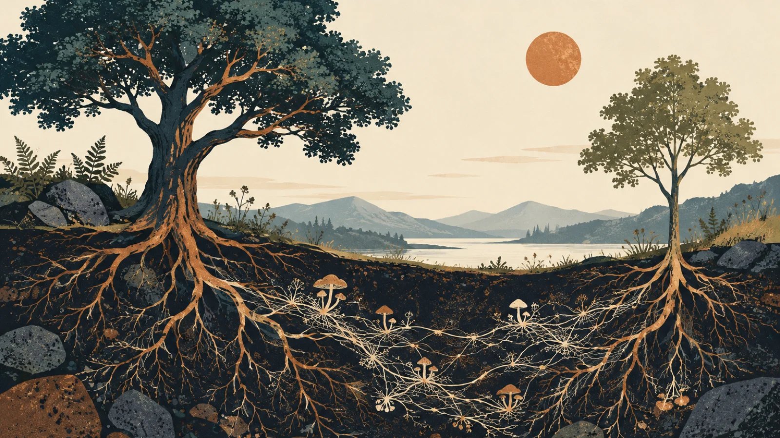 Two trees and a fungal network in the soil beneath their roots