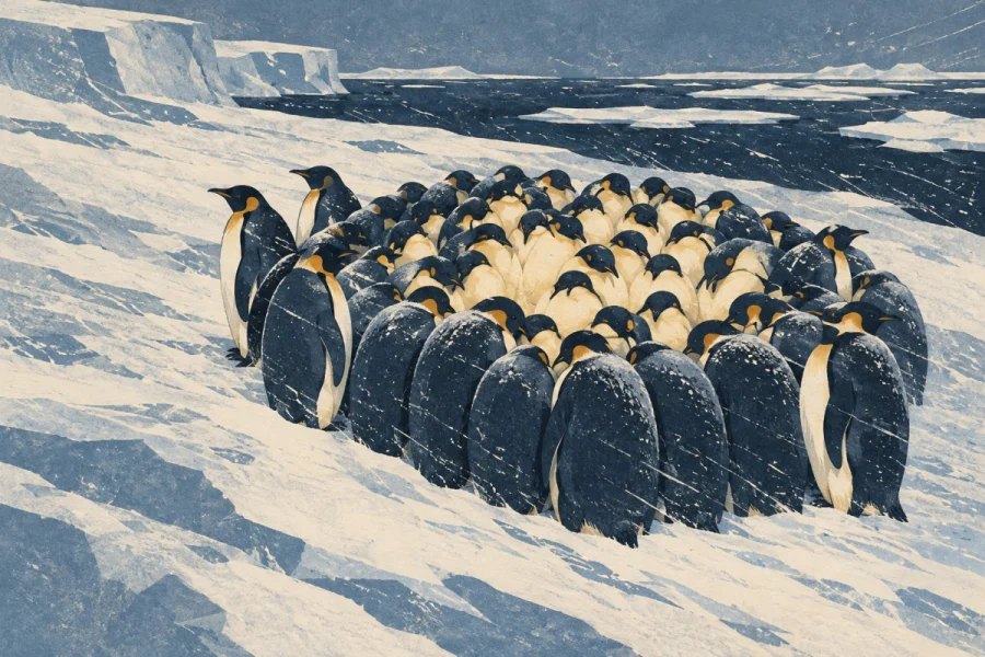 A tightly packed huddle of emperor penguins on Antarctic sea ice, with birds shielding the warmer centre from wind.