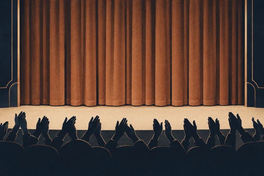 Silhouetted audience hands applauding in front of a closed copper-coloured theatre curtain.