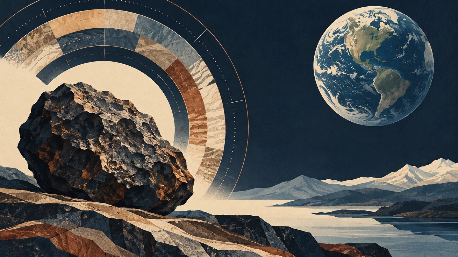 ancient meteorite, radiometric clock rings and Earth in a calm geological composition
