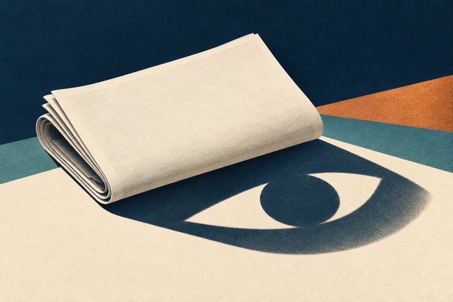 Blank folded newspaper casting the shape of an eye as its shadow