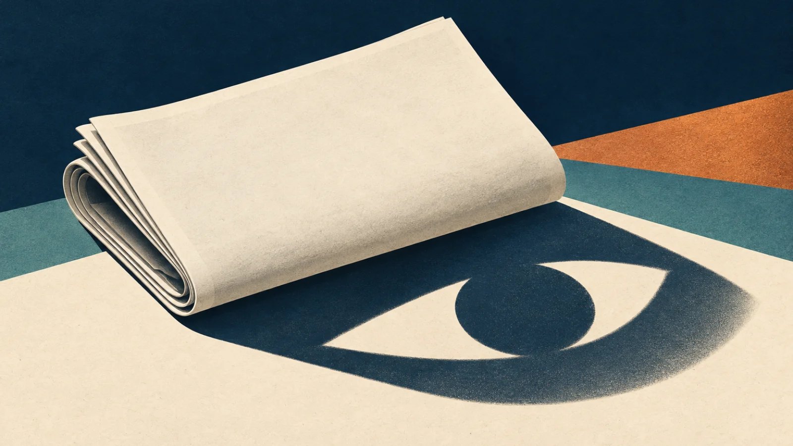 Blank folded newspaper casting the shape of an eye as its shadow
