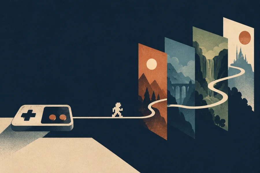 a retro game controller connected by a straight line to a pixel figure, while a second pathway curves through layered frames