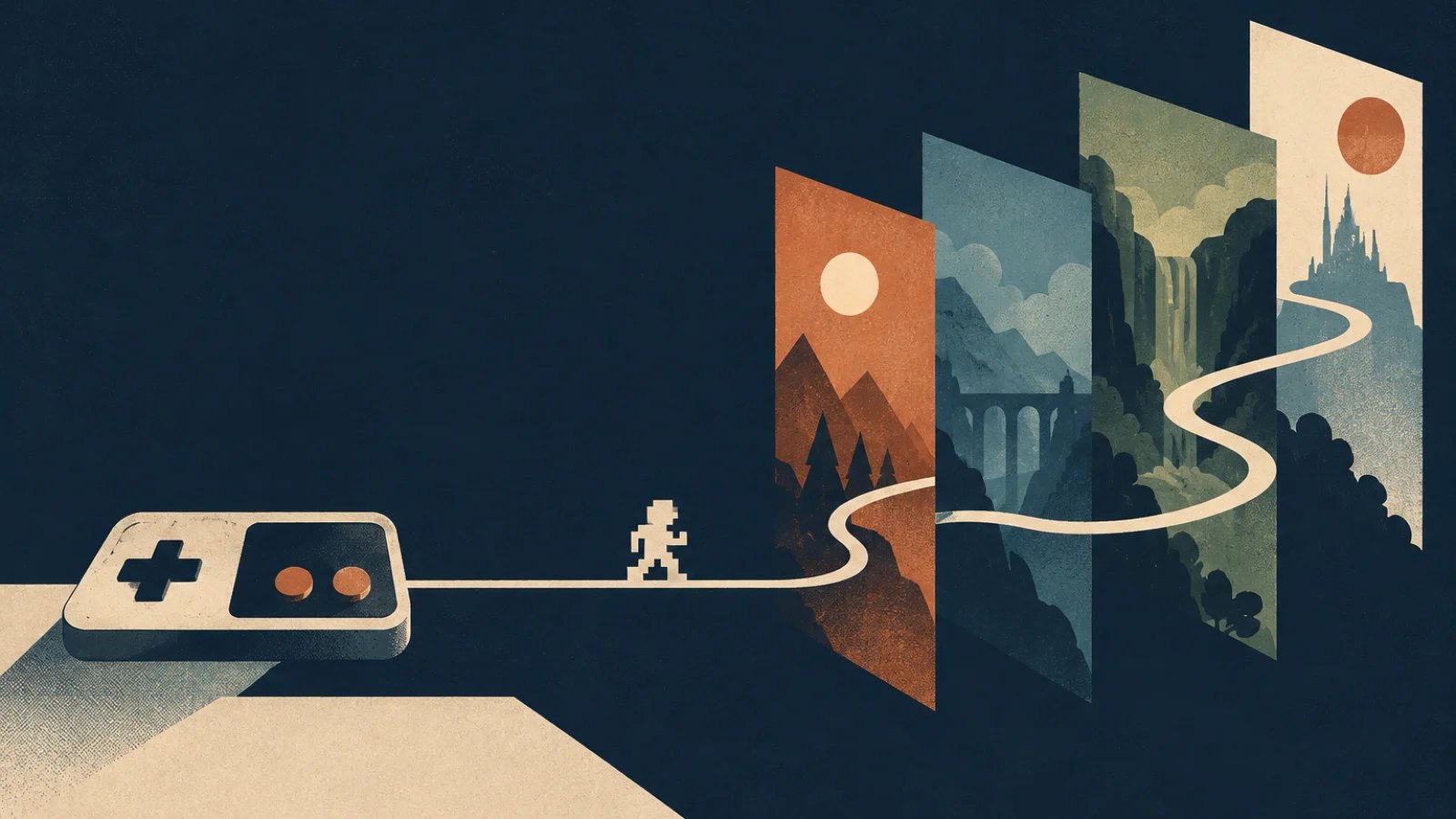 a retro game controller connected by a straight line to a pixel figure, while a second pathway curves through layered frames