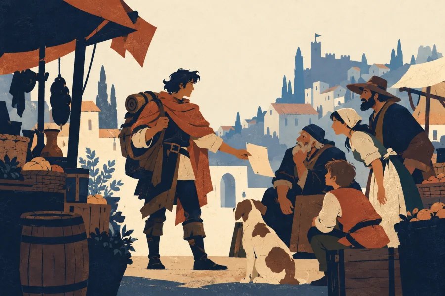 A traveller shares news with listeners in an early modern market