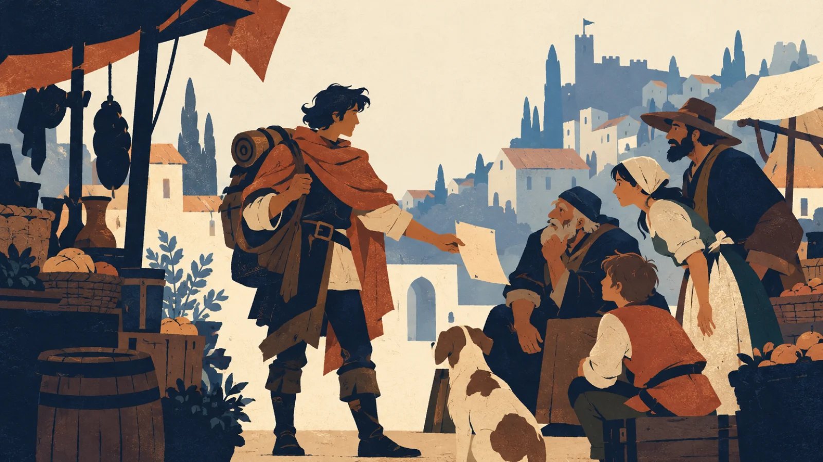 A traveller shares news with listeners in an early modern market