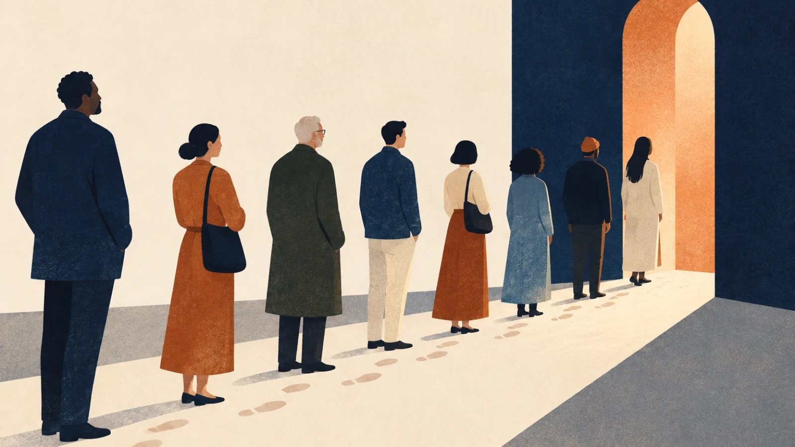 people standing in an orderly queue marked only by subtle footsteps
