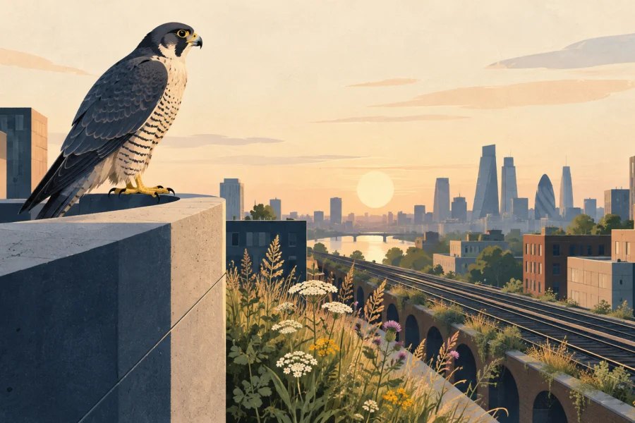 A peregrine perches on a city rooftop above wildflowers growing beside an elevated railway.