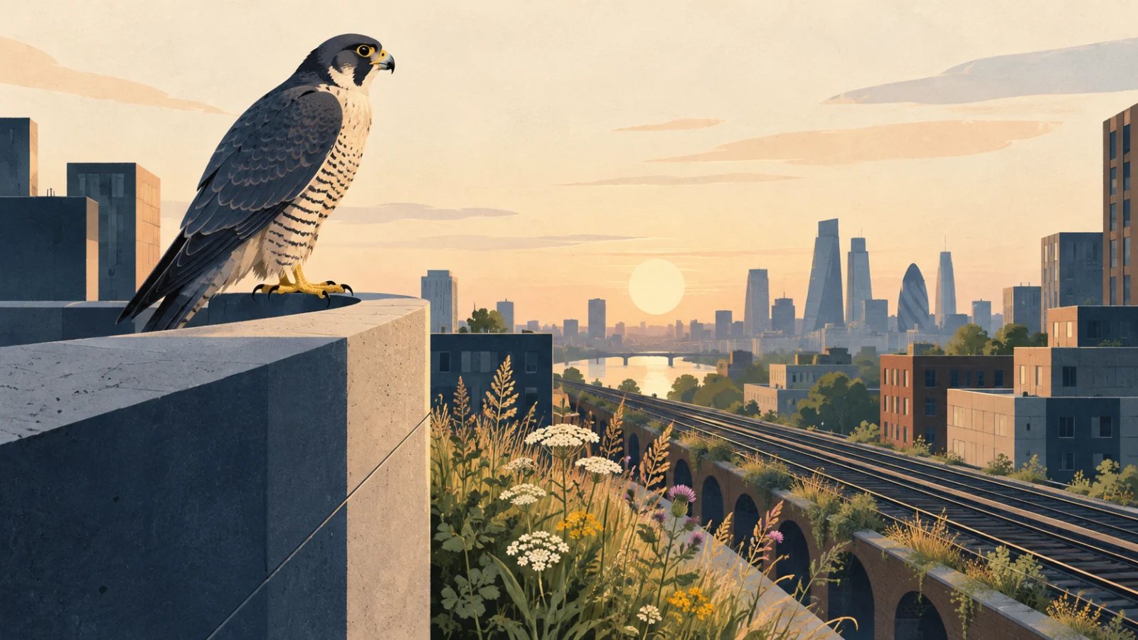 A peregrine perches on a city rooftop above wildflowers growing beside an elevated railway.