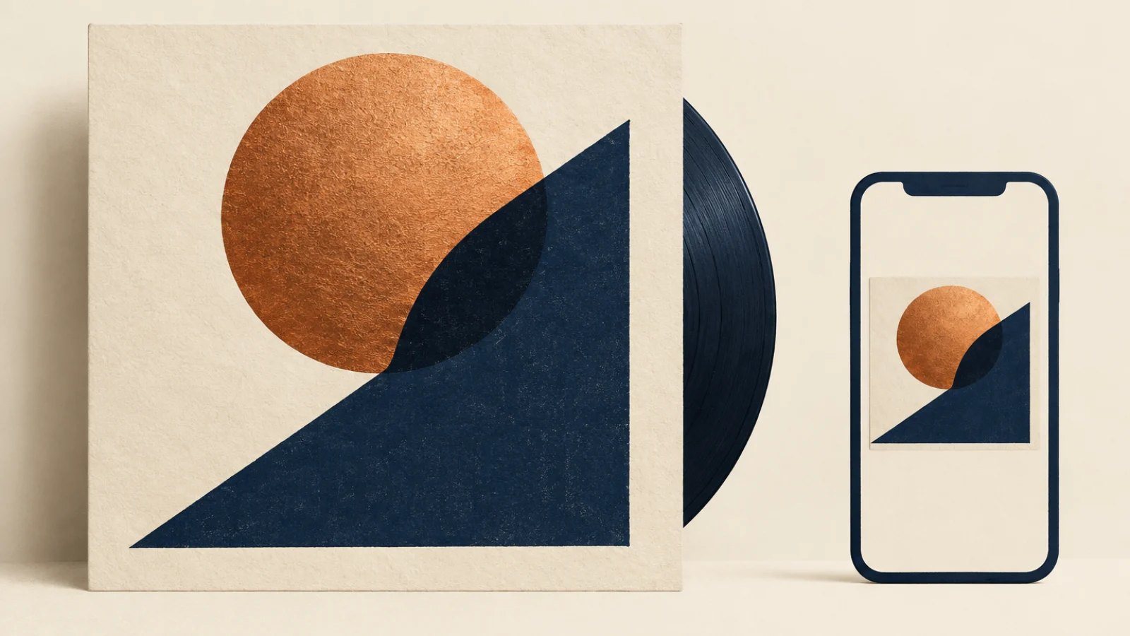 The same abstract album artwork appears on a large record sleeve and as a small phone thumbnail.