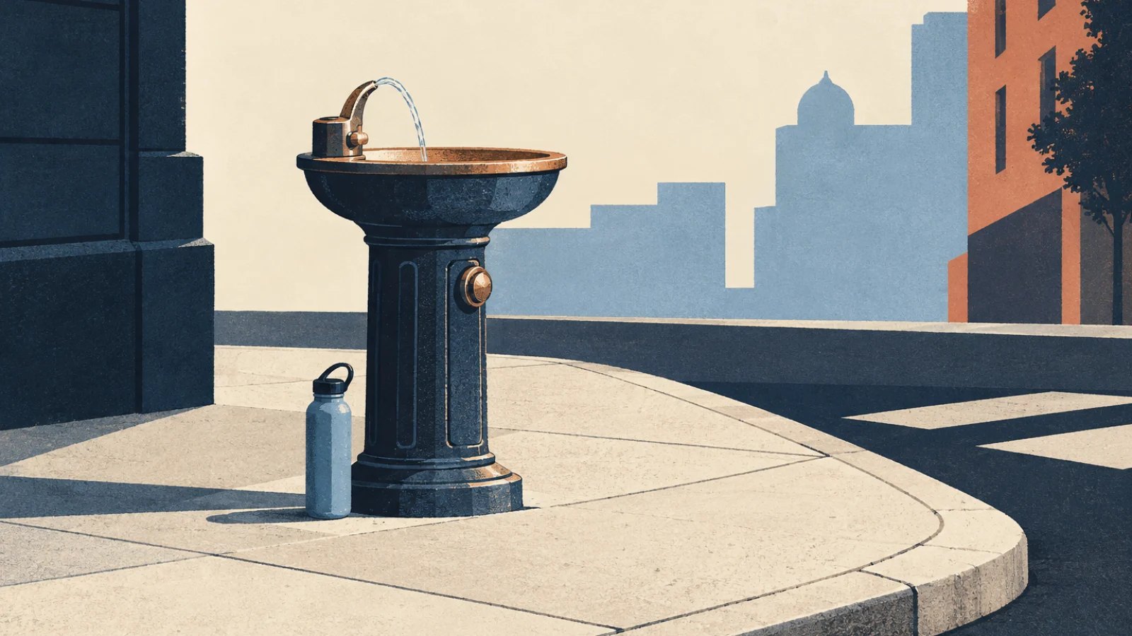 A public drinking fountain on a city pavement beside a reusable bottle, illustrated in muted ink and copper.