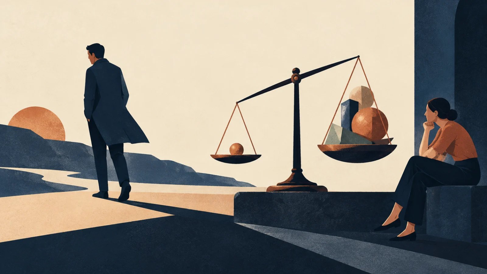 Illustration of an unequal balance scale and a person walking away