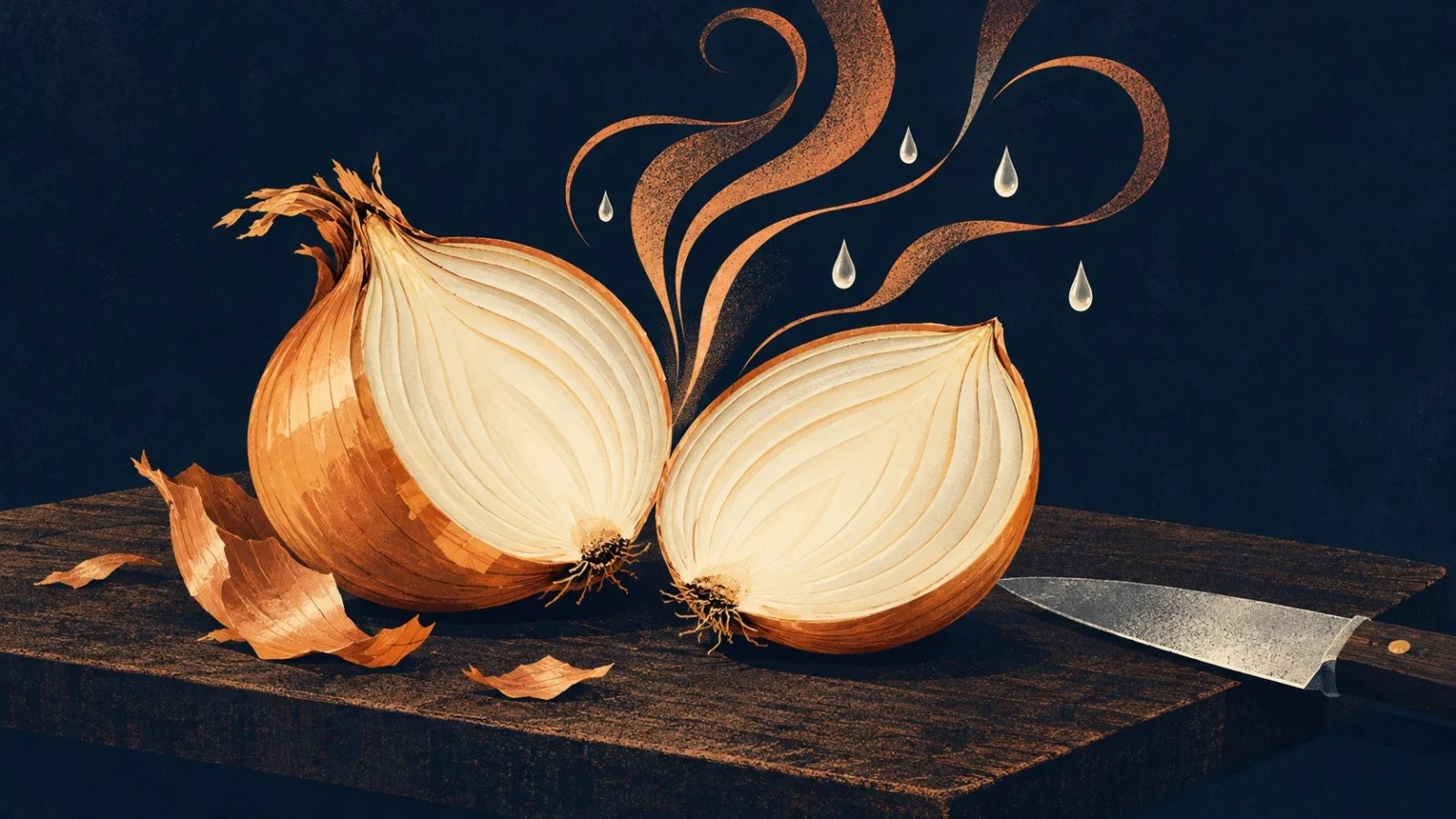 An illustrated cut golden onion beside a kitchen knife, with copper wisps and small teardrops rising against a deep navy background